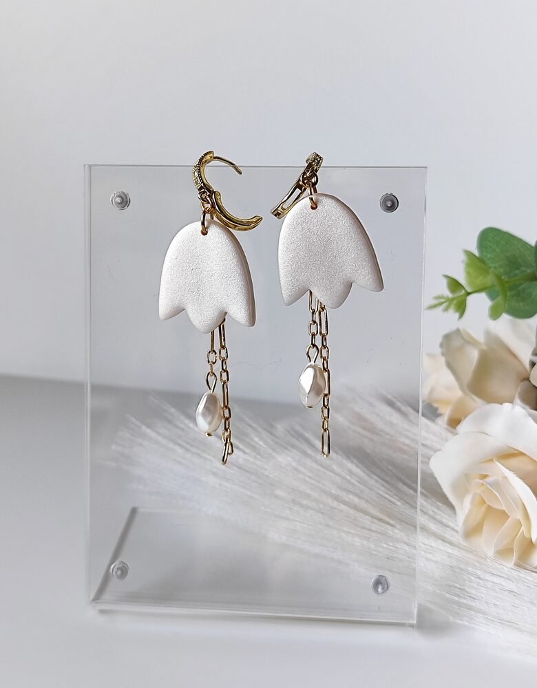 Long white pearl drop earrings with hoops