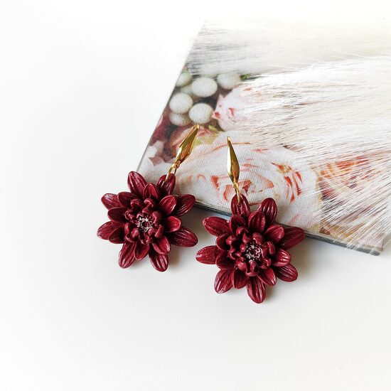 Long burgundy flower earrings