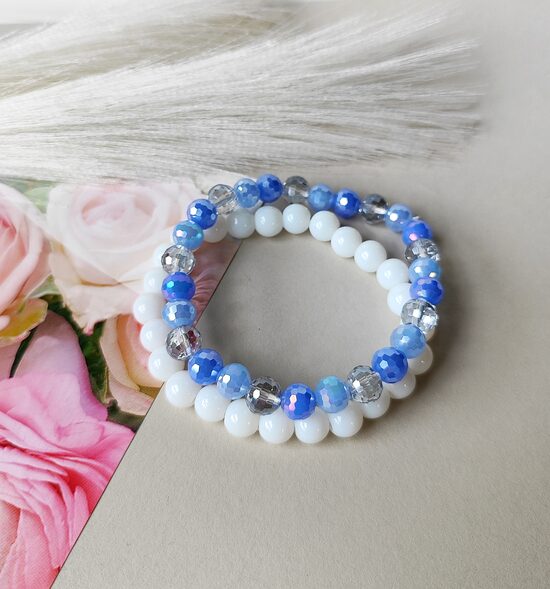 Stikla pērļu aproču komplekts - balts un zils