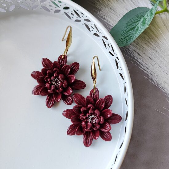 Burgundy flower earrings - handmade polymer clay jewelry