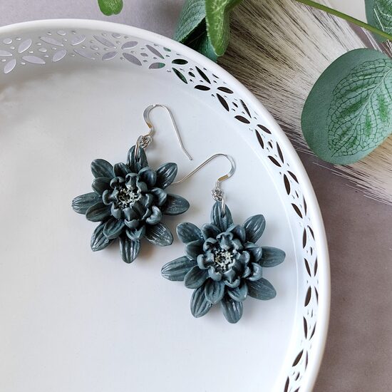 Green flower earrings - handmade polymer clay jewelry