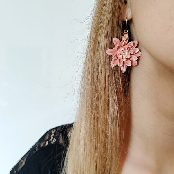 Pink polymer clay flower earrings with classic ear wire hooks