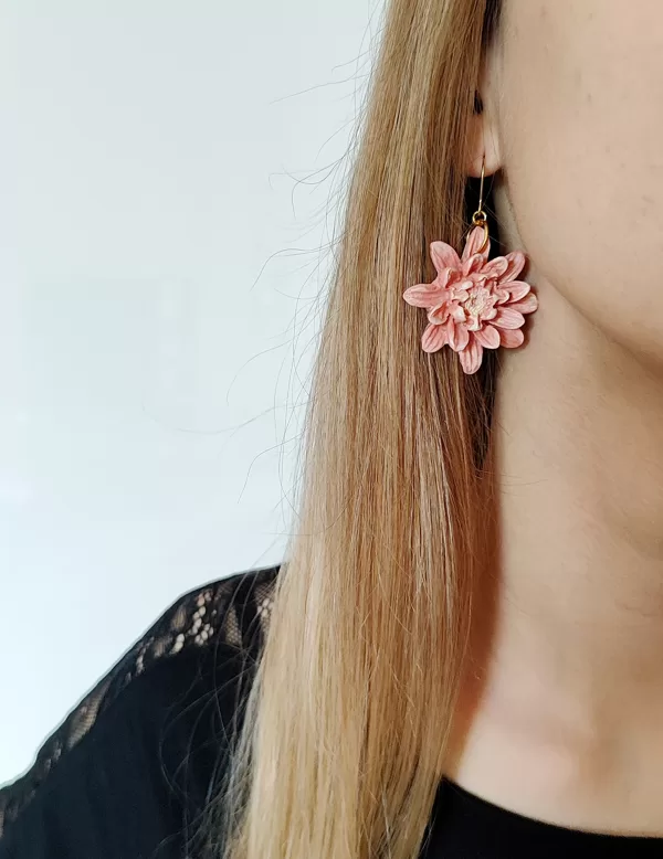 Pink polymer clay flower earrings with classic ear wire hooks