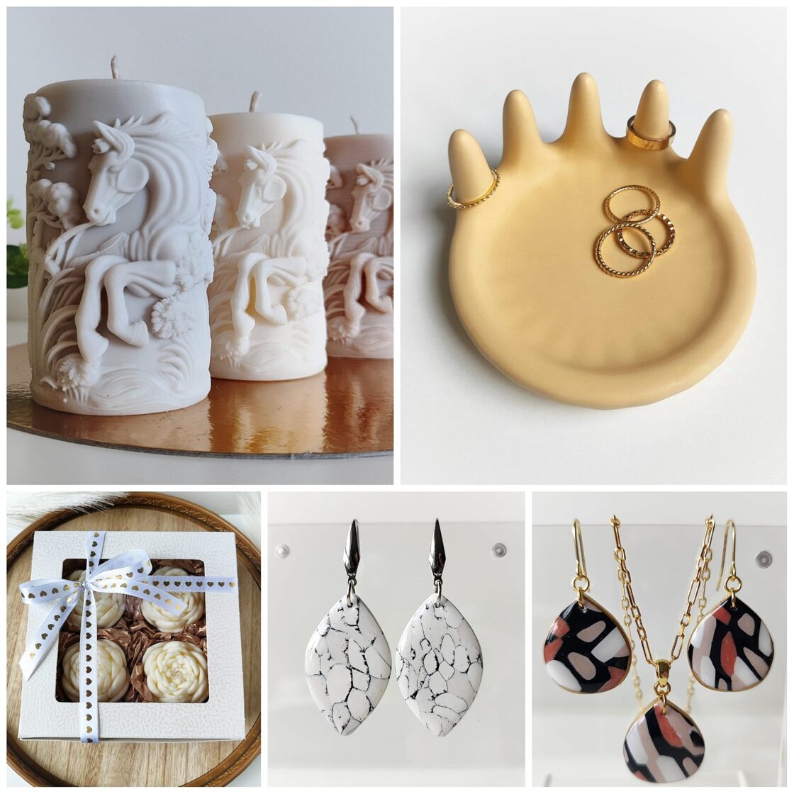 5 idejas ko dāvināt vārda dienā. Sojas vaska svece Zirgs, polimērmāla rotas un auskari, Peonijas sveču komplekts, dekoratīvs rotu trauks. Roku darbs, AK Berries.